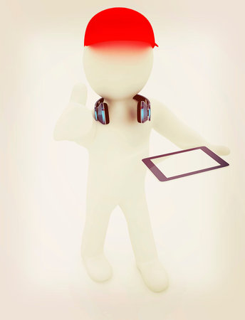 3d white man in a red peaked cap with thumb up, tablet pc and headphones on a white background. 3D...