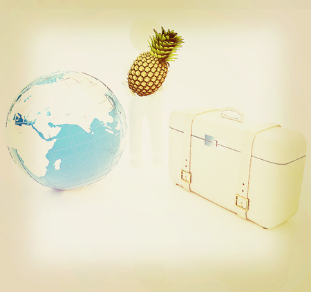 3d man with pineapple,earth and traveler's suitcase on a white background. 3D illustration. Vintage style.の写真素材