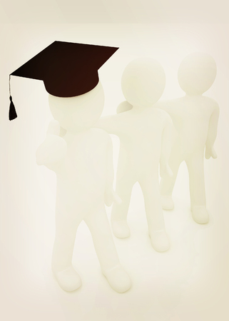 3d man in a graduation Cap with thumb up and 3d mans stand arms around each other on a white background. 3D illustration. Vintage style.の写真素材