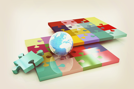 Puzzles and earth.Isolated on white background.3d rendered. . 3D illustration. Vintage style.の写真素材