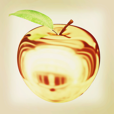 Gold apple isolated on white background. Series: Golden apple under different environments. 3D illustration. Vintage style.の写真素材