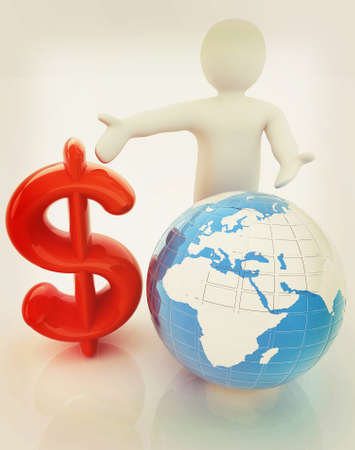 3d people - man, person presenting - dollar with global concept with Earth. 3D illustration. Vintage style.の写真素材