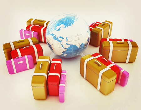 travel bags and earth on white . 3D illustration. Vintage style.の写真素材