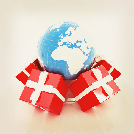 Traditional Christmas gifts and earth on a white background. Global holiday concept . 3D illustration. Vintage style.の写真素材