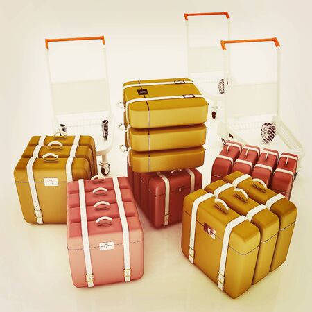 Trolley for luggage at the airport and luggage. 3D illustration. Vintage style.の写真素材