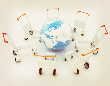 Trolley for luggage at the airport and earth. International tourism concept. 3D illustration. Vintage style.の写真素材