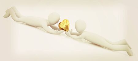 3D humans lying and holds heart. 3D illustration. Vintage style.の写真素材