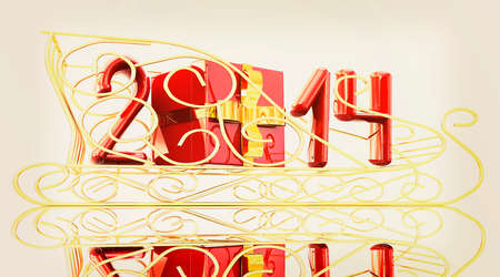 Abstract 3d illustration of text 2014 with present box on a gold sledge. 3D illustration. Vintage style.の写真素材
