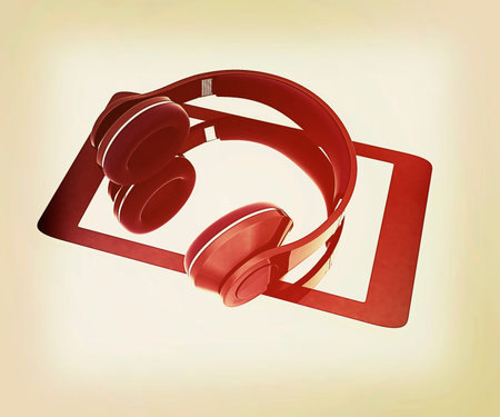 a creative cellphone with headphones isolated on white, portable audio concept . 3D illustration. Vintage style.の写真素材