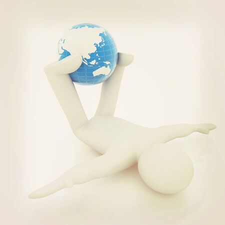 3d man exercising position on Earth - fitness ball. My biggest Global pilates series. 3D illustration. Vintage style.の写真素材