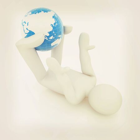 3d man exercising position on Earth - fitness ball. My biggest Global pilates series. 3D illustration. Vintage style.の写真素材