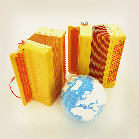 Musical instruments - bayans and Earth. Global musical concept. 3D illustration. Vintage style.の写真素材