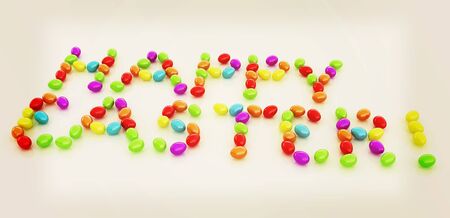 Easter eggs as a "Happy Easter" greeting on white background. 3D illustration. Vintage style.の写真素材