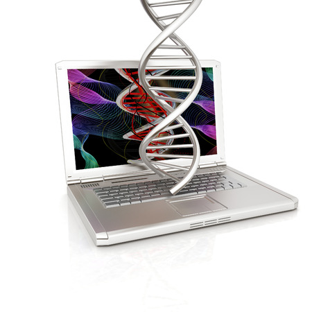 Laptop with dna medical model background on laptop screen. 3d illustrationの写真素材