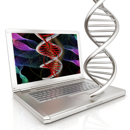Laptop with dna medical model background on laptop screen. 3d illustrationの写真素材