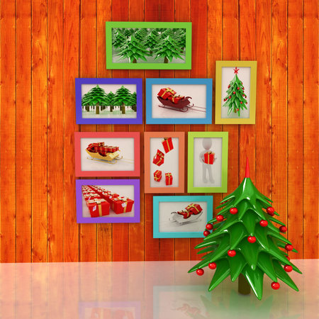 Mock up poster on the wood wall with christmas tree and decorations. 3d illustration