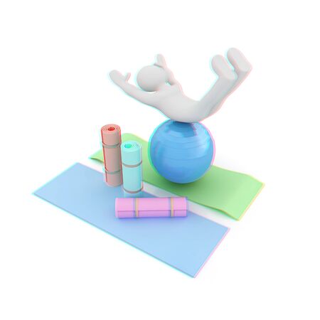 3d man on a karemat with fitness ball. 3D illustration. Anaglyph. View with red/cyan glasses to see in 3D.の写真素材