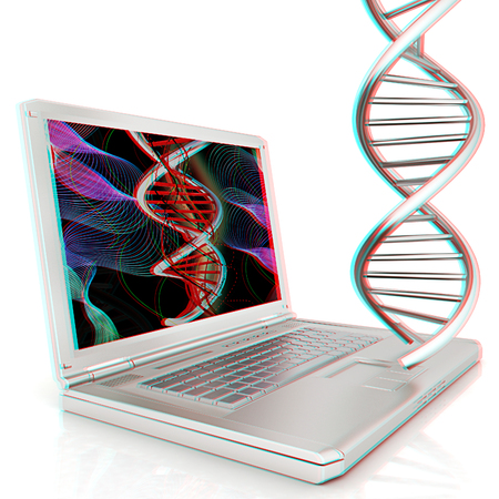 Laptop with dna medical model background on laptop screen. 3d illustration. Anaglyph. View with red/cyan glasses to see in 3D.の写真素材