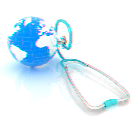 stethoscope and globe.3d illustration. Anaglyph. View with red/cyan glasses to see in 3D.の写真素材