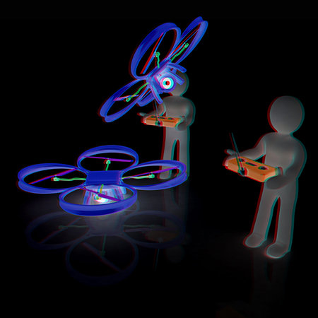 3d man with drone, quadrocopter, with photo camera. 3d render. 3D render. Anaglyph. View with...