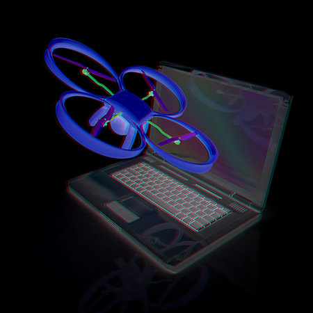 Drone and laptop. 3D render. Anaglyph. View with red/cyan glasses to see in 3D.