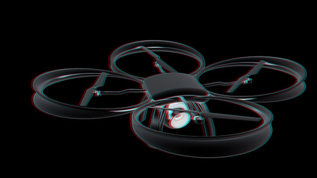 Drone, quadrocopter, with photo camera flying. 3d render. Anaglyph. View with red/cyan glasses to see in 3D.の写真素材