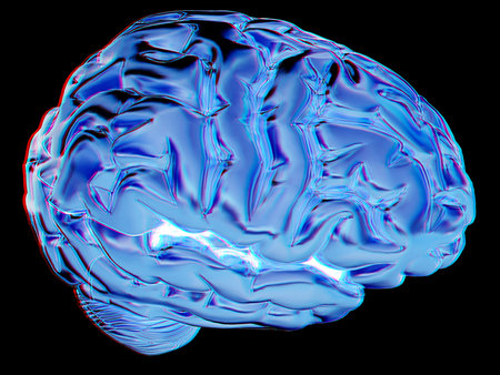 Gold brain. 3d render. Anaglyph. View with red/cyan glasses to see in 3D.