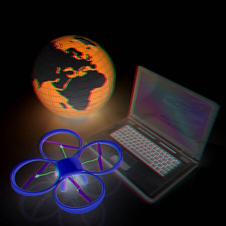 Drone or quadrocopter with camera with laptop. Network, online, buy, internet shopping, smart home. 3d render. Anaglyph. View with red/cyan glasses to see in 3D.の写真素材