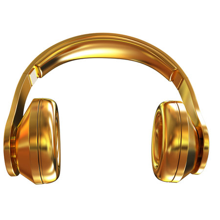 Gold headphones icon on a white background. 3D illustrationの写真素材