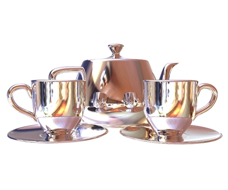 Chrome Teapot and mugs. 3d illustrationの写真素材