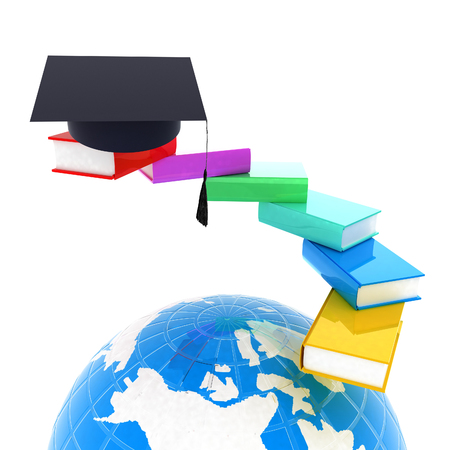 Earth of education with books around and graduation hat. Global Education. 3d illustrationの写真素材