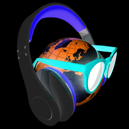 Earth planet with earphones and sunglasses. 3d illustrationの写真素材