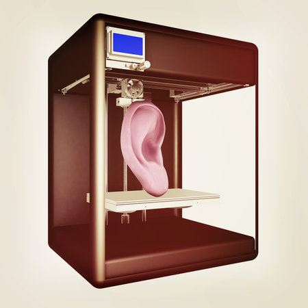 Medical 3d printer for duplication of human ear. 3D Bio-printer. 3d illustration.