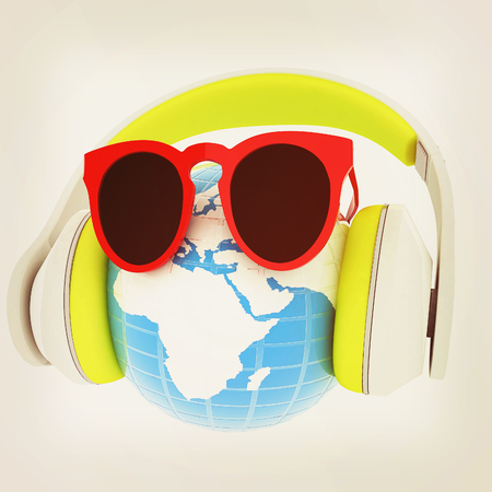 Earth planet with earphones and sunglasses. 3d illustration. Vintage styleの写真素材