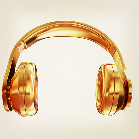 Gold headphones icon on a white background. 3D illustration. Vintage styleの写真素材