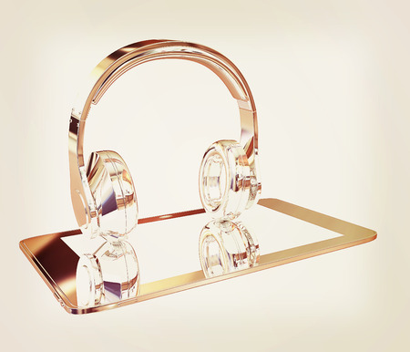 Smartphone with headphones. Chrome icon. 3d illustration.の写真素材
