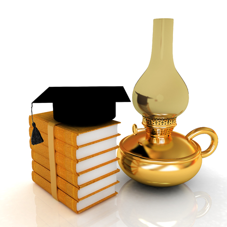 Leather books, kerosene lamp and graduation hat. 3d renderの写真素材