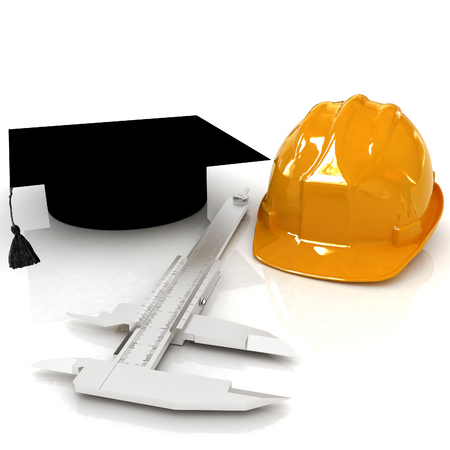 Hard hat, graduation hat and caliper. 3d renderの写真素材