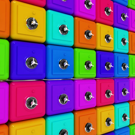 Many colorful safes. 3d render