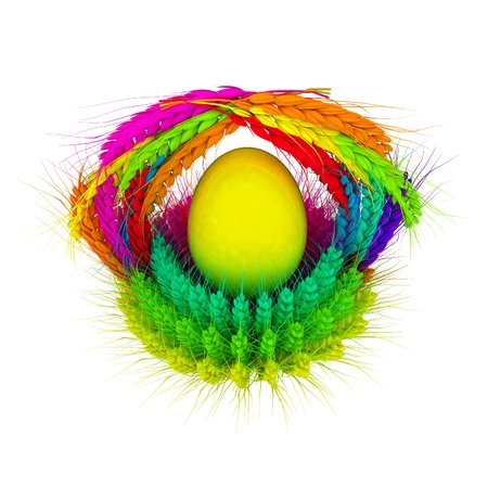 Colored basket of the ears of wheat with eggs. Traditional Easter attributes.  3d renderの写真素材