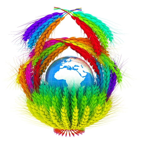 A colorful basket of wheat for Easter or Thanksgiving. Global concept with the earth ball inside. 3d renderの写真素材