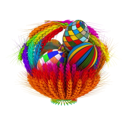 Colored basket of the ears of wheat with Easter eggs. 3d renderの写真素材