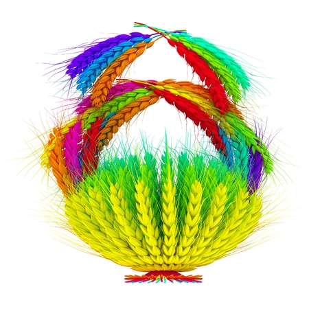 A colorful basket of wheat for Easter or Thanksgiving. 3d renderの写真素材