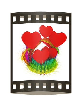 Heart in colored basket of the ears of wheat. Wedding concept. 3d render. Film strip.の写真素材
