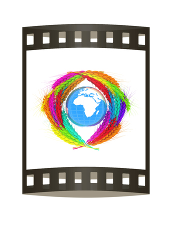 Colored Wheat ears logo design with Earth. 3d render. Film strip.の写真素材