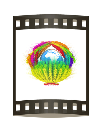 Colored basket of the ears of wheat. Global concept with ball globe Earth. 3d render. Film strip.の写真素材