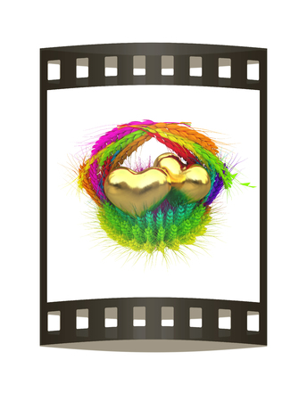 Golden Heart in colored basket of the ears of wheat. Wedding concept. 3d render. Film strip.の写真素材