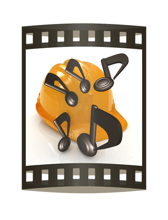 Music notes and hard hat. 3d render. Film strip.の写真素材