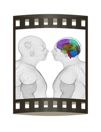 Wire human model with brain and a model of a person without a brain. 3d render. Film strip.の写真素材