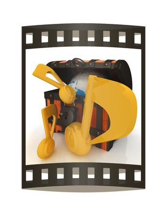 Earth in chest and music note around. 3d render. Film strip.の写真素材